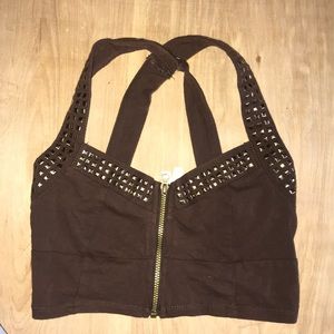 brown zip down crop top